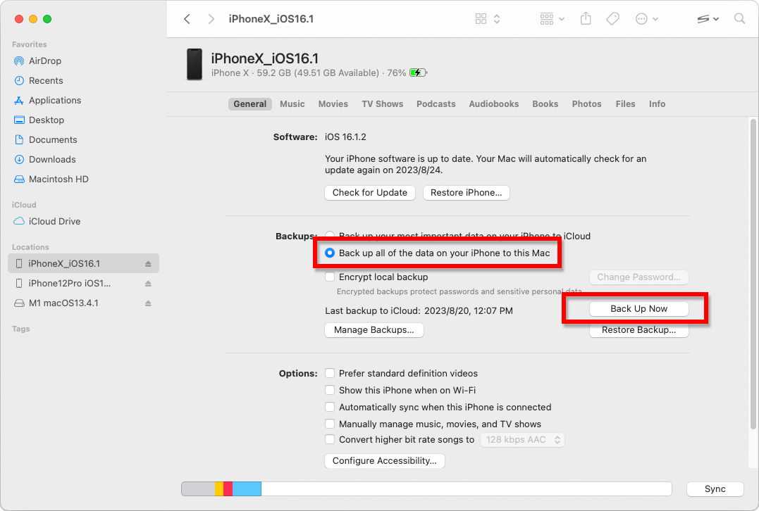 النسخ الاحتياطي لجهاز iPhone أو iPad باستخدام Finder